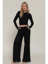 Load image into Gallery viewer, Long Sleeve Crew Neck Top & Waist Tie Long Pants Set Black