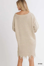 Load image into Gallery viewer, Distressed Boat Neck Long Sleeve Knit Sweater Dress