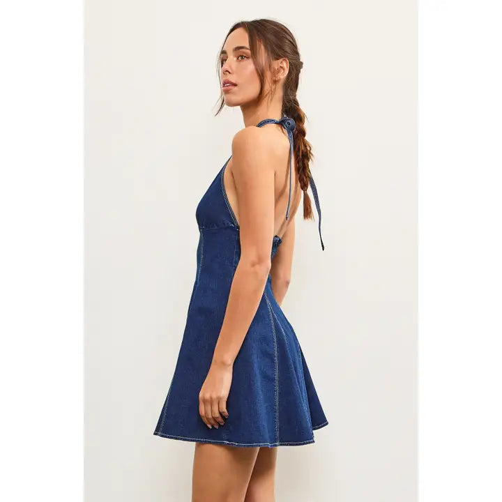 Open Pleats Halter Neck Denim Dress – Sea Oar Be Seen Boutique