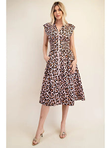 V-Neck Waist Smocked Front Zipper Midi Dress
