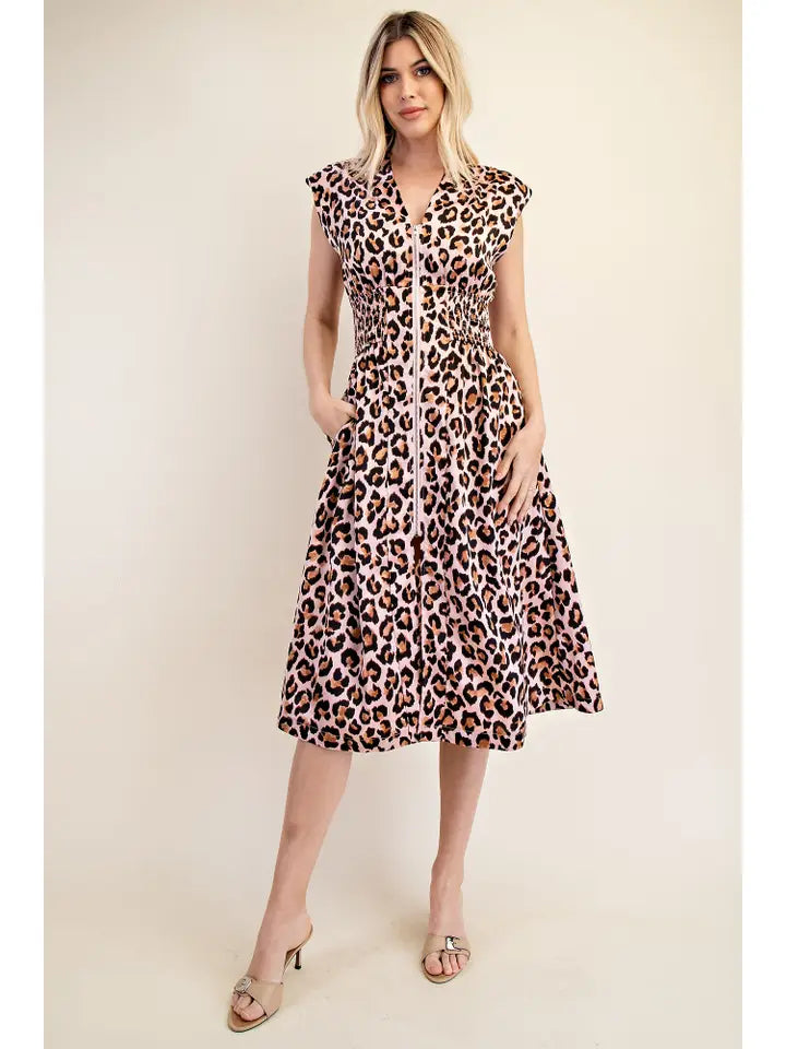 V-Neck Waist Smocked Front Zipper Midi Dress