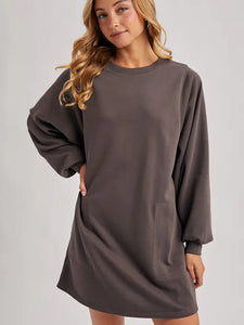 Crew Neck Oversized Sweatshirt Dress with Pockets Ash