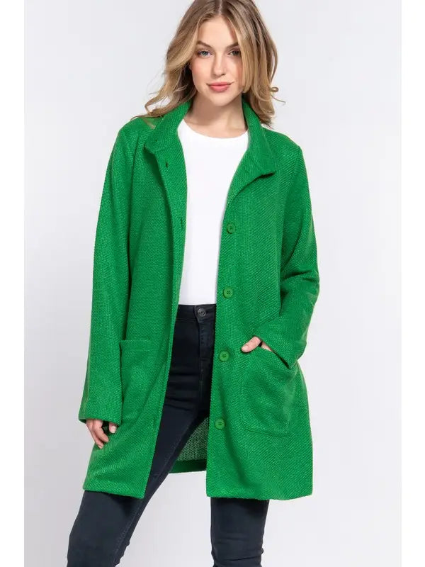 Long Sleeve High Neck Button Down Coat Green