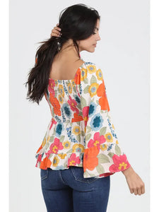 V Neck Smocked Bust Wide Bell Sleeve Floral Blouse