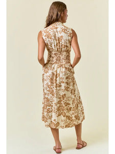 Paisley V-Neck Smocked Waist Zip Front Midi Dress