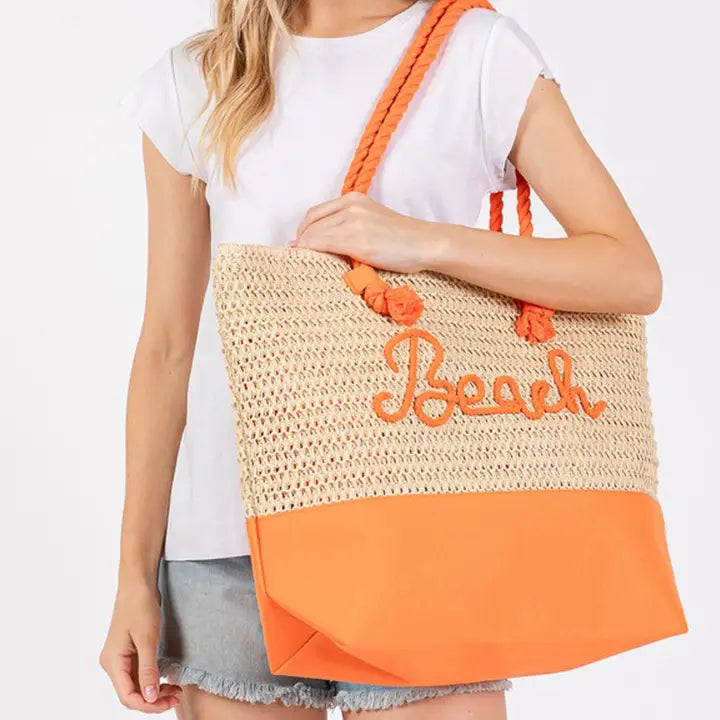 Sewn Rope Beach Letter Color Straw Tote Bag