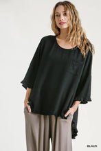 Load image into Gallery viewer, Linen Blend Long Bell Sleeve Round Neck Top with Chest Pocket and Frayed High Low Scoop Hem
