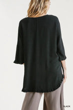 Load image into Gallery viewer, Linen Blend Long Bell Sleeve Round Neck Top with Chest Pocket and Frayed High Low Scoop Hem
