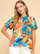 Load image into Gallery viewer, Abstract Print Smoked Detail Puff Sleeves Top
