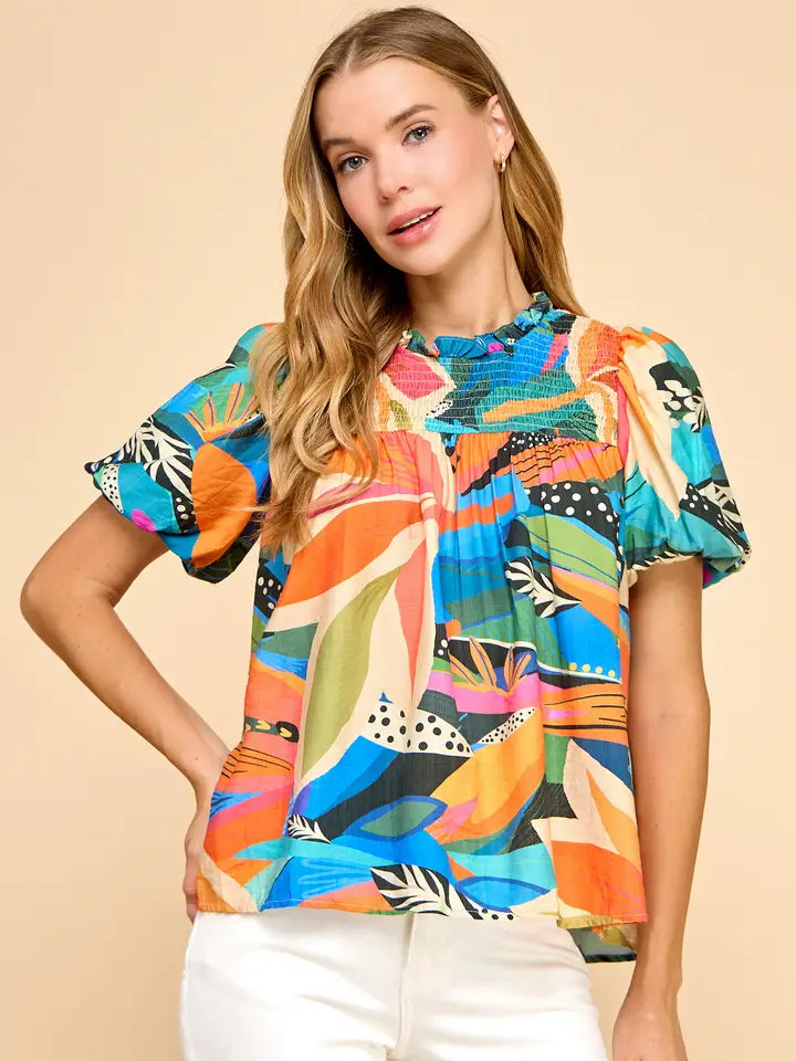 Abstract Print Smoked Detail Puff Sleeves Top