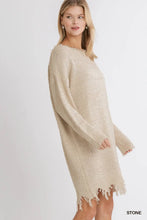 Load image into Gallery viewer, Distressed Boat Neck Long Sleeve Knit Sweater Dress
