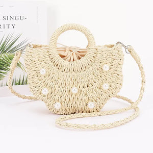Faux Pearl Embellished Faux Straw Tote Bag