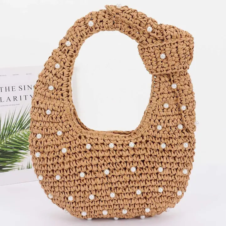 Handmade Faux Straw Pearl Hobo Bag