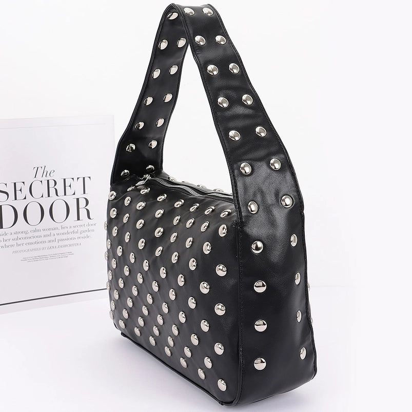 Faux Leather Metal Studded Hobo Bag