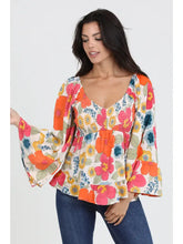 Load image into Gallery viewer, V Neck Smocked Bust Wide Bell Sleeve Floral Blouse
