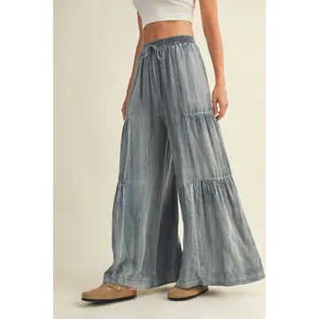 RUFFLED SIDE WASHED DENIM WIDE PANTS | WASHED DENIM
