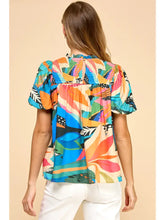 Load image into Gallery viewer, Abstract Print Smoked Detail Puff Sleeves Top
