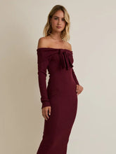 Load image into Gallery viewer, Off Shoulder Long Sleeve Front Bow Detail Midi Dress in Wine

