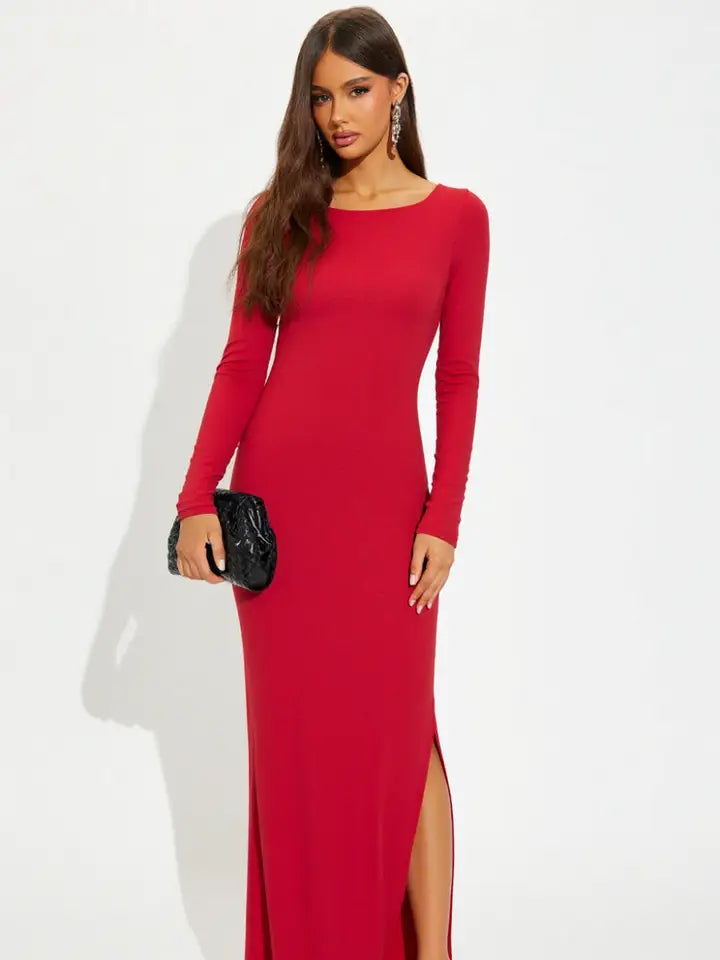 Low Back Maxi Dress with Slit Red