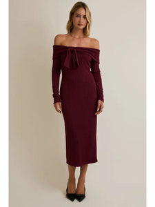 Off Shoulder Long Sleeve Front Bow Detail Midi Dress in Wine