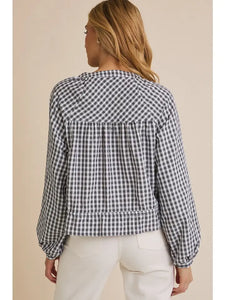 Round Neck Long Sleeve Waist Tie Button Up Gingham Top