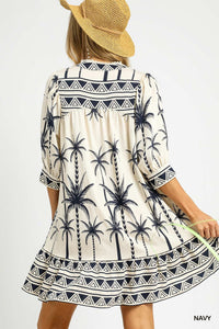Navy Palm Print Ruffle Hem Tunic Dress