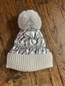 Metallic Beanie with Fur Pom