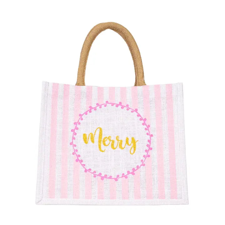 Merry Stripe Gift Tote Pink/White/Gold 12x10x8