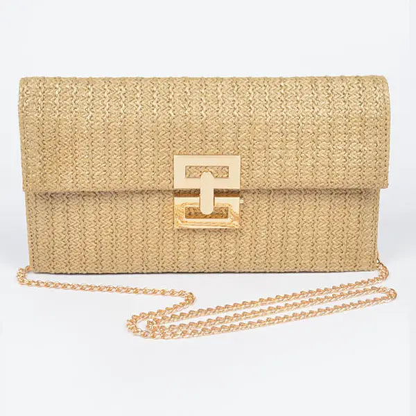 Faux Straw Metal Flap Clutch