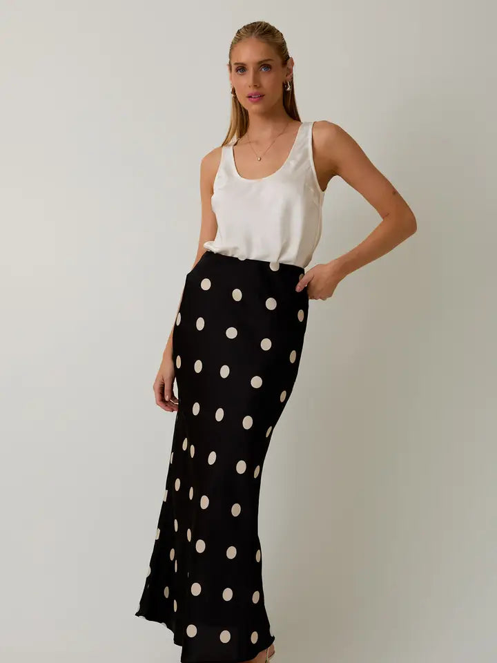 Satin Midi Skirt in Polka Dot
