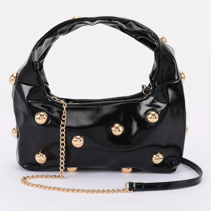 Faux Leather Metal Studded Hobo Bag