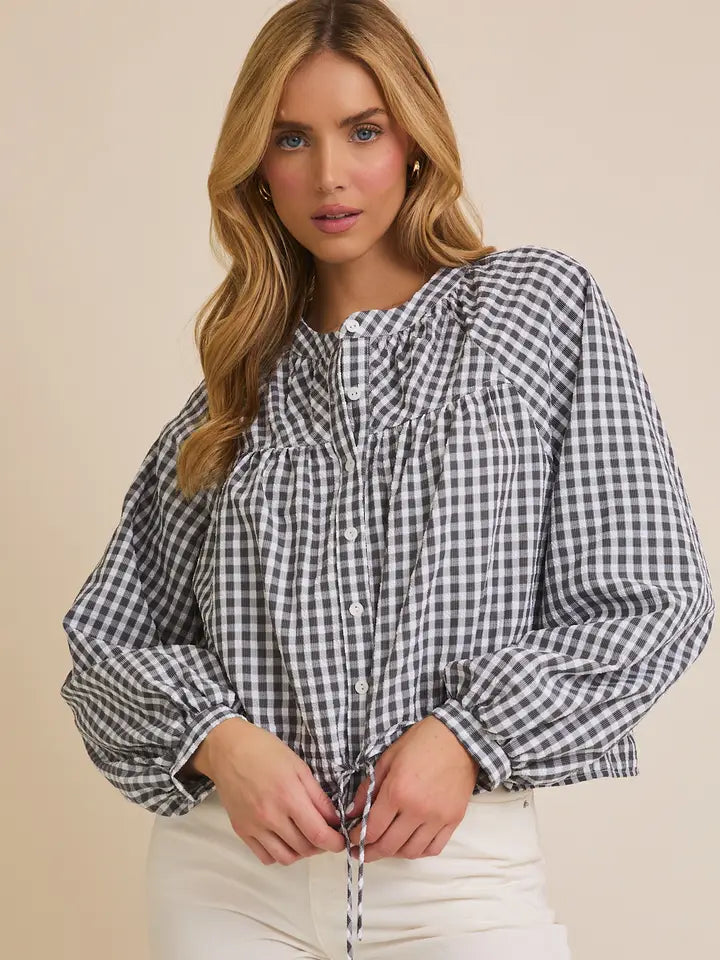 Round Neck Long Sleeve Waist Tie Button Up Gingham Top