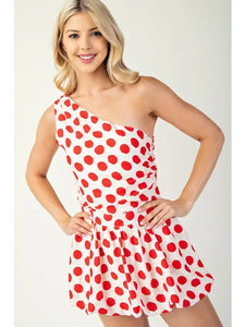 Red One Shoulder Balloon Hem Romper