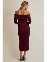 Load image into Gallery viewer, Off Shoulder Long Sleeve Front Bow Detail Midi Dress in Wine
