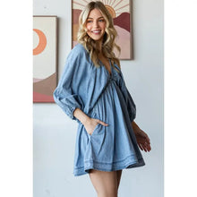 Load image into Gallery viewer, V-Neck Puff Sleeve Denim Dress
