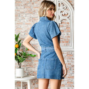 Puff Sleeve Denim Belted Mini Dress