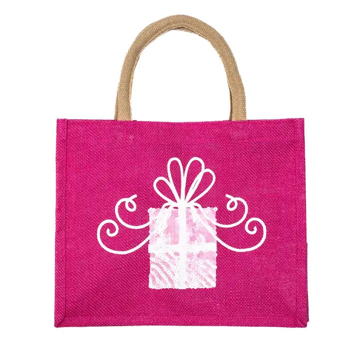 Glitzy Present Gift Tote Hot Pink/Light Pink/White 12x10x8