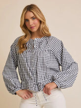 Load image into Gallery viewer, Round Neck Long Sleeve Waist Tie Button Up Gingham Top

