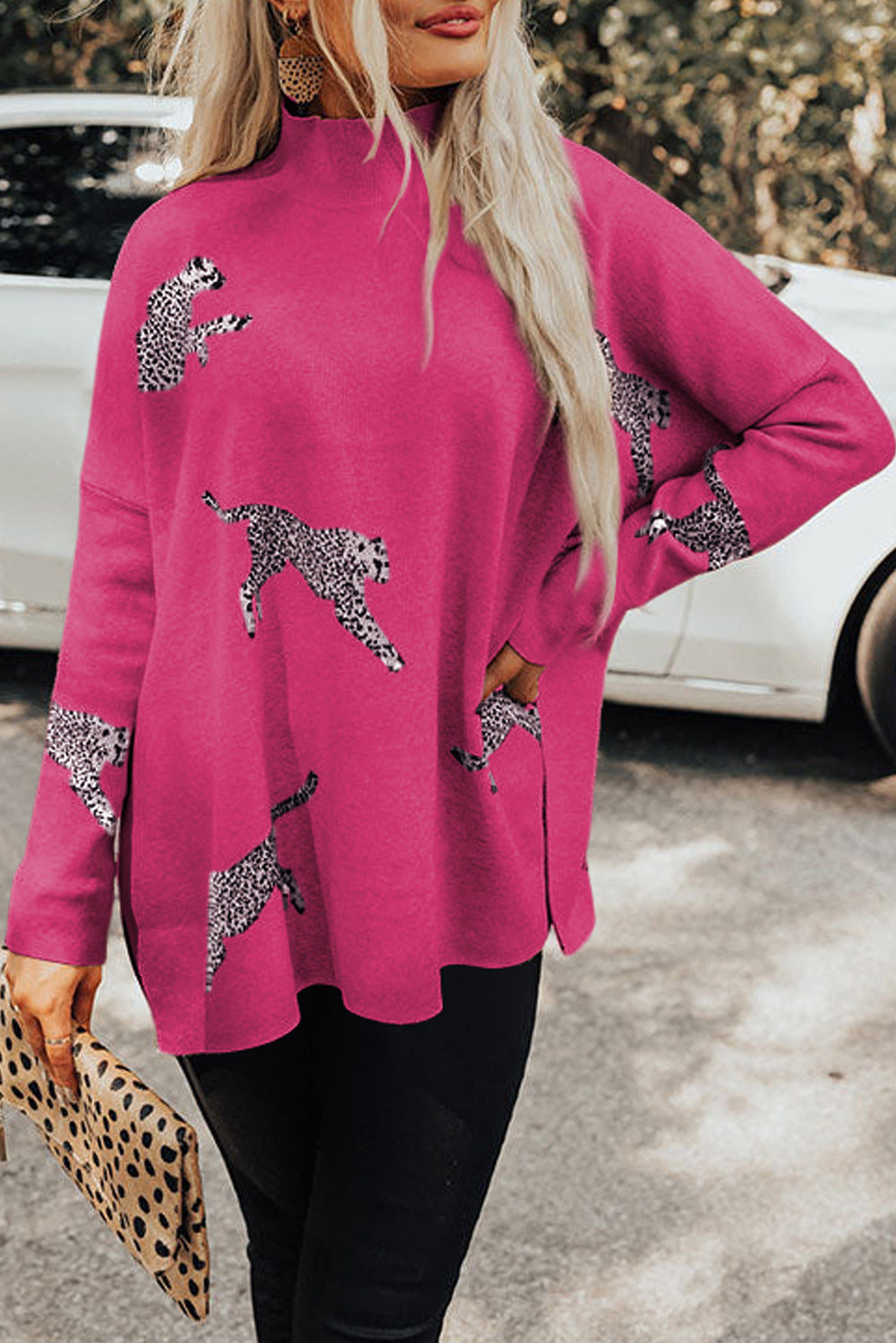 Rose Cheetah Print high neck sweater with slits