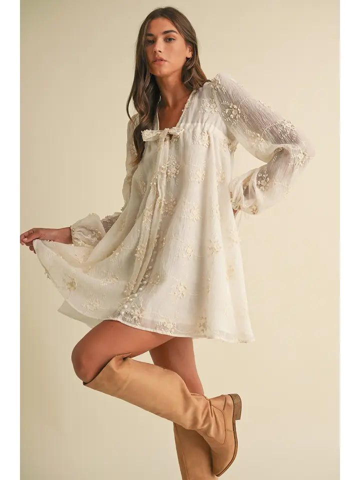 Sheer Floral Mini Dress with Balloon Sleeves