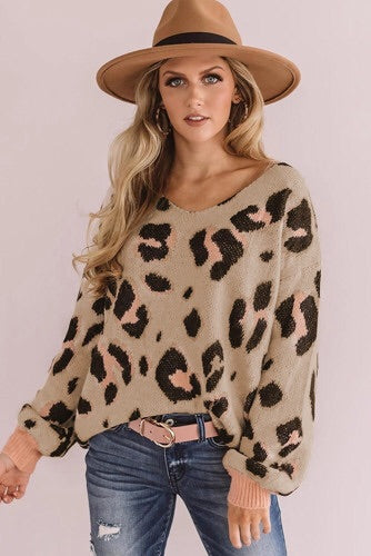 V-neck Leopard Print Puff Sleeve Sweater